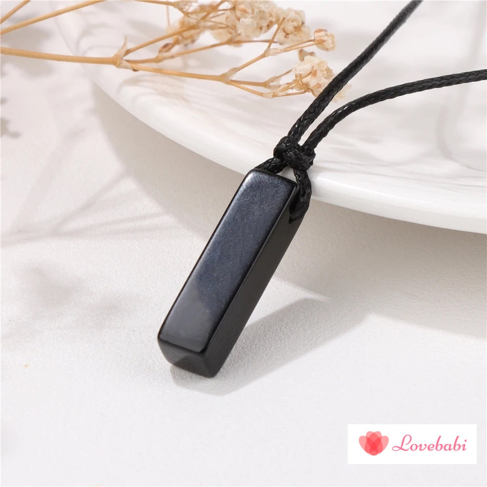 Men Vintage Rectangle Obsidian Pendent Necklace